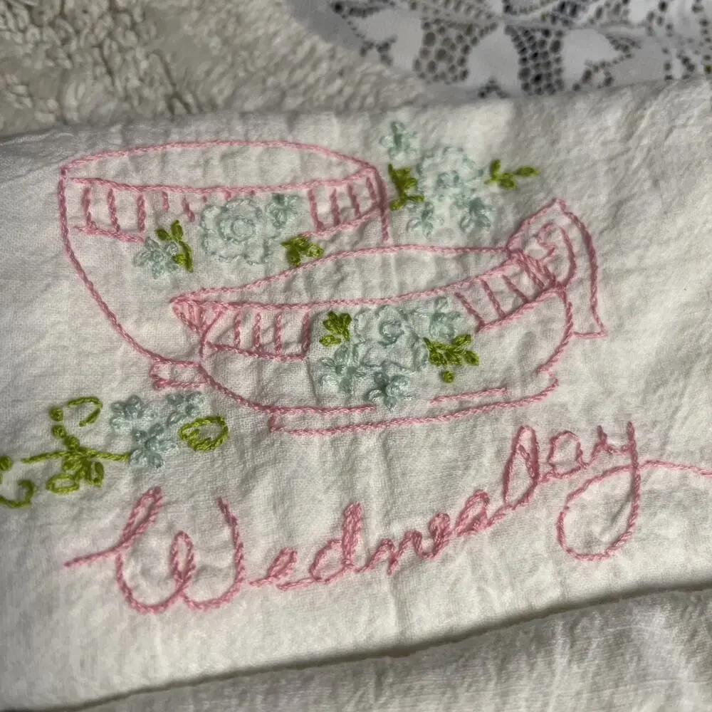 Vintage Lot of 7 Days of The Week Tea Cup Party Flour Sack Towels Dishes Teapot